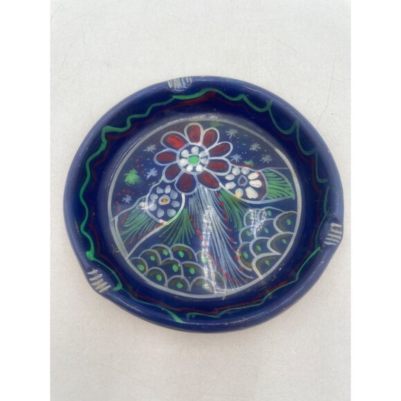 Hand-Painted Vintage Talavera Ceramic Trinket Dish Floral & Peacock Design 4" - Picture 1 of 4